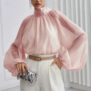 Dusty Pink Casual Women's Solid Color Stand Collar Lantern Sleeve Shirt
